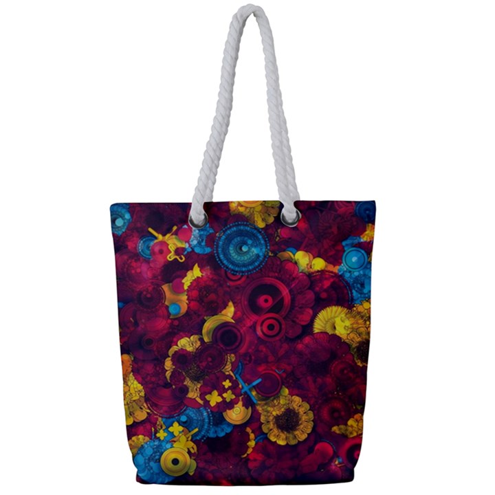 Psychedelic Digital Art Colorful Flower Abstract Multi Colored Full Print Rope Handle Tote (Small)