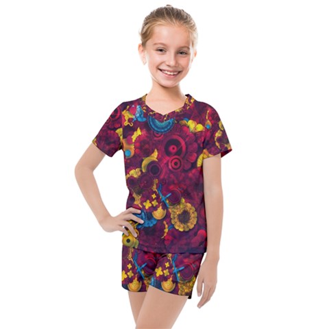 Psychedelic Digital Art Colorful Flower Abstract Multi Colored Kids  Mesh T-shirt And Shorts Set by Bedest