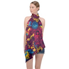 Psychedelic Digital Art Colorful Flower Abstract Multi Colored Halter Asymmetric Satin Top by Bedest