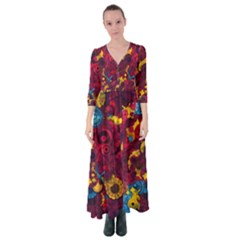 Psychedelic Digital Art Colorful Flower Abstract Multi Colored Button Up Maxi Dress by Bedest