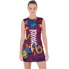 Psychedelic Digital Art Colorful Flower Abstract Multi Colored Lace Up Front Bodycon Dress by Bedest