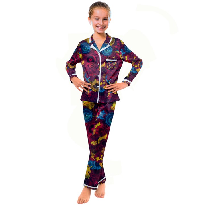 Psychedelic Digital Art Colorful Flower Abstract Multi Colored Kids  Satin Long Sleeve Pajamas Set