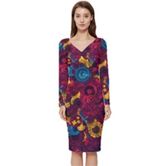 Psychedelic Digital Art Colorful Flower Abstract Multi Colored Long Sleeve V-neck Bodycon Dress  by Bedest