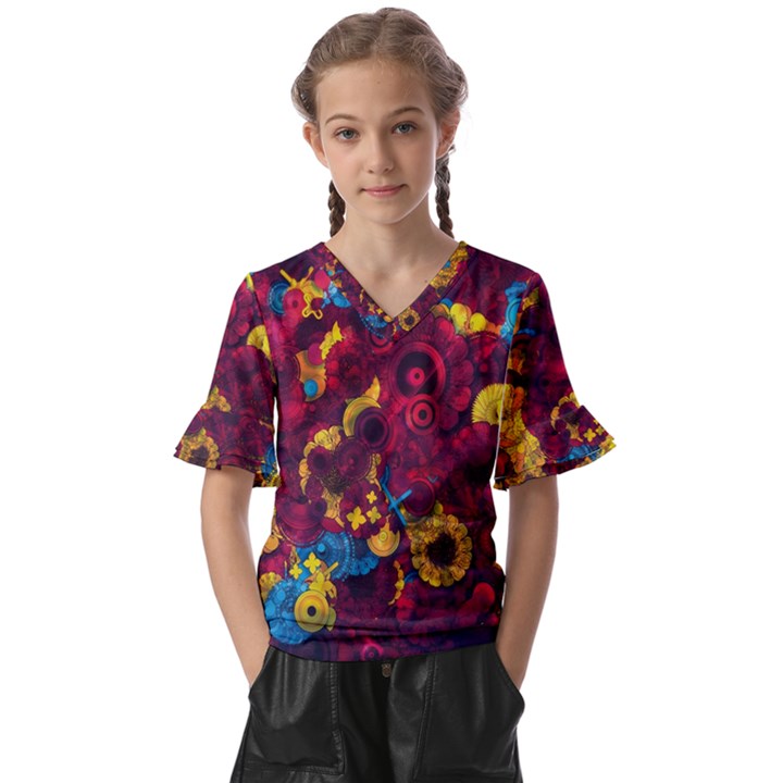 Psychedelic Digital Art Colorful Flower Abstract Multi Colored Kids  V-Neck Horn Sleeve Blouse