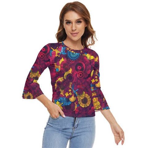 Psychedelic Digital Art Colorful Flower Abstract Multi Colored Bell Sleeve Top by Bedest