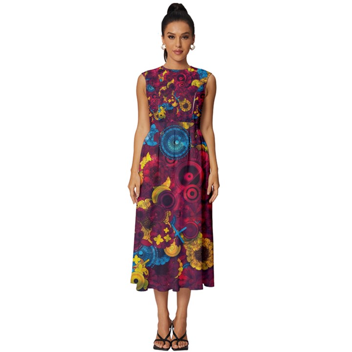 Psychedelic Digital Art Colorful Flower Abstract Multi Colored Sleeveless Round Neck Midi Dress