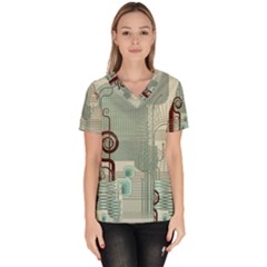 Green Red And White Line Digital Abstract Art Women s V-neck Scrub Top by Bedest