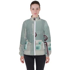 Green Red And White Line Digital Abstract Art Women s High Neck Windbreaker by Bedest