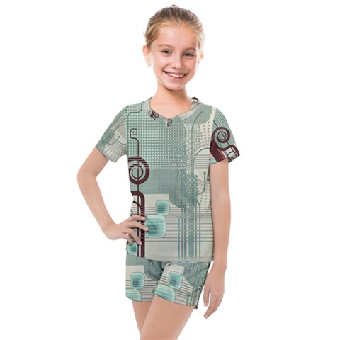 Green Red And White Line Digital Abstract Art Kids  Mesh T-shirt And Shorts Set by Bedest