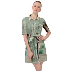 Green Red And White Line Digital Abstract Art Belted Shirt Dress by Bedest