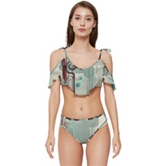 Green Red And White Line Digital Abstract Art Ruffle Edge Tie Up Bikini Set	 by Bedest