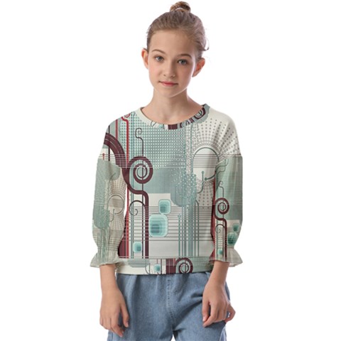 Green Red And White Line Digital Abstract Art Kids  Cuff Sleeve Top by Bedest