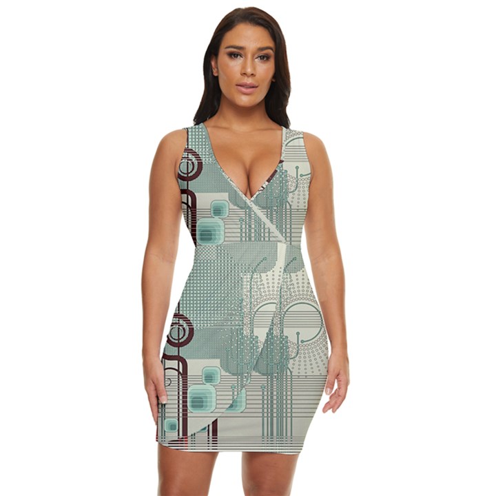 Green Red And White Line Digital Abstract Art Draped Bodycon Dress