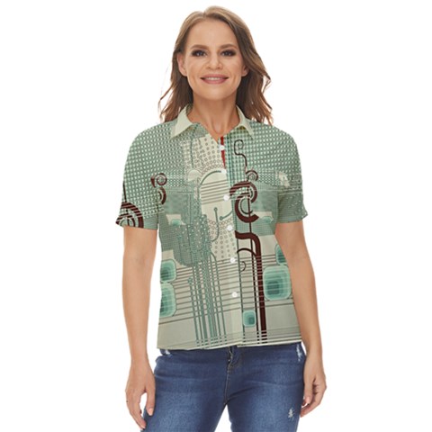 Green Red And White Line Digital Abstract Art Women s Short Sleeve Double Pocket Shirt by Bedest