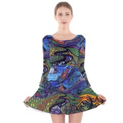 Multicolored Abstract Painting Artwork Psychedelic Colorful Long Sleeve Velvet Skater Dress by Bedest