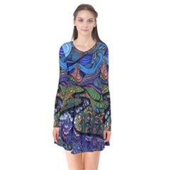 Multicolored Abstract Painting Artwork Psychedelic Colorful Long Sleeve V-neck Flare Dress by Bedest