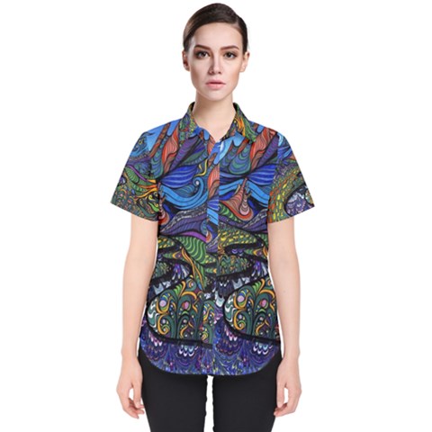 Multicolored Abstract Painting Artwork Psychedelic Colorful Women s Short Sleeve Shirt by Bedest