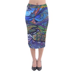 Multicolored Abstract Painting Artwork Psychedelic Colorful Velvet Midi Pencil Skirt by Bedest