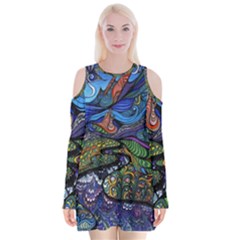 Multicolored Abstract Painting Artwork Psychedelic Colorful Velvet Long Sleeve Shoulder Cutout Dress