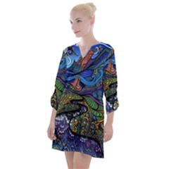 Multicolored Abstract Painting Artwork Psychedelic Colorful Open Neck Shift Dress