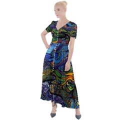 Multicolored Abstract Painting Artwork Psychedelic Colorful Button Up Short Sleeve Maxi Dress by Bedest