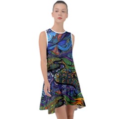 Multicolored Abstract Painting Artwork Psychedelic Colorful Frill Swing Dress by Bedest