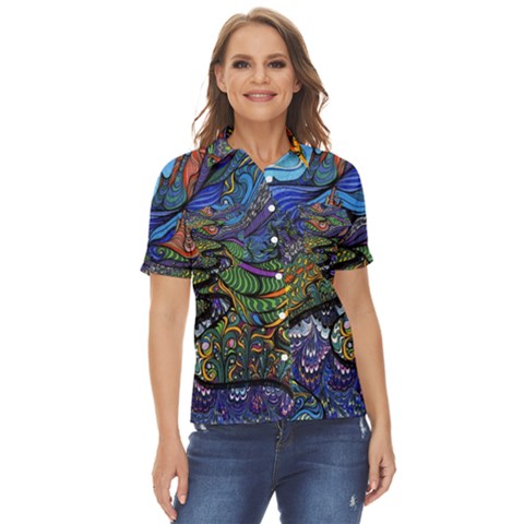 Multicolored Abstract Painting Artwork Psychedelic Colorful Women s Short Sleeve Double Pocket Shirt by Bedest