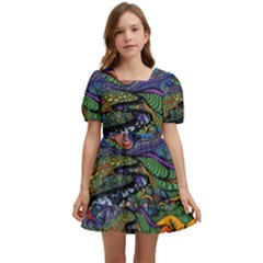 Multicolored Abstract Painting Artwork Psychedelic Colorful Kids  Short Sleeve Dolly Dress by Bedest