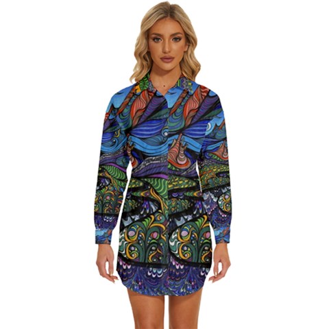 Multicolored Abstract Painting Artwork Psychedelic Colorful Womens Long Sleeve Shirt Dress by Bedest