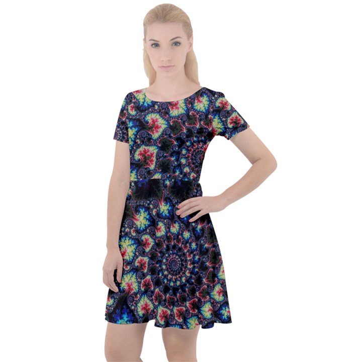 Psychedelic Colorful Abstract Trippy Fractal Cap Sleeve Velour Dress 