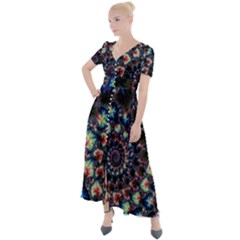 Psychedelic Colorful Abstract Trippy Fractal Button Up Short Sleeve Maxi Dress by Bedest