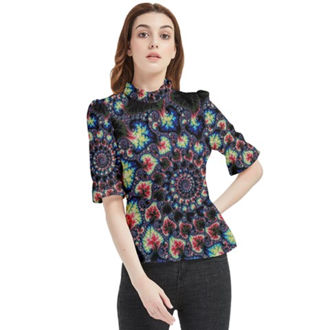 Psychedelic Colorful Abstract Trippy Fractal Frill Neck Blouse by Bedest