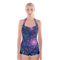 Purple Psychedelic Art Pattern Mosaic Design Fractal Art Boyleg Halter Swimsuit  by Bedest