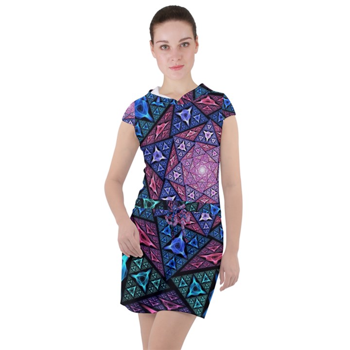 Purple Psychedelic Art Pattern Mosaic Design Fractal Art Drawstring Hooded Dress