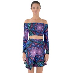 Purple Psychedelic Art Pattern Mosaic Design Fractal Art Off Shoulder Top With Skirt Set by Bedest