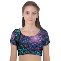 Purple Psychedelic Art Pattern Mosaic Design Fractal Art Velvet Short Sleeve Crop Top  by Bedest