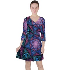 Purple Psychedelic Art Pattern Mosaic Design Fractal Art Quarter Sleeve Ruffle Waist Dress by Bedest