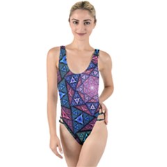 Purple Psychedelic Art Pattern Mosaic Design Fractal Art High Leg Strappy Swimsuit by Bedest