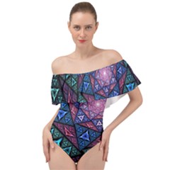 Purple Psychedelic Art Pattern Mosaic Design Fractal Art Off Shoulder Velour Bodysuit  by Bedest