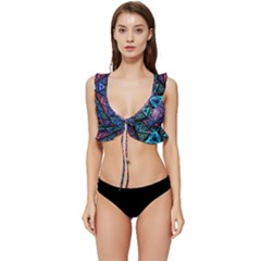 Purple Psychedelic Art Pattern Mosaic Design Fractal Art Low Cut Ruffle Edge Bikini Top