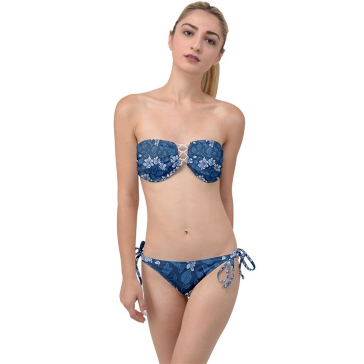 Pattern Flower Nature Twist Bandeau Bikini Set