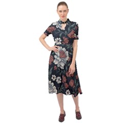 Flower Pattern Keyhole Neckline Chiffon Dress by Bedest