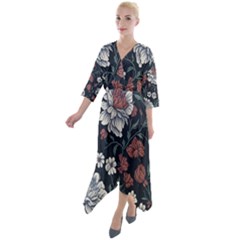 Flower Pattern Quarter Sleeve Wrap Front Maxi Dress