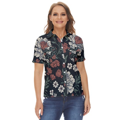 Flower Pattern Women s Short Sleeve Double Pocket Shirt by Bedest