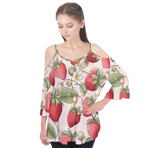 Strawberry Fruit Flutter Sleeve T-shirt  by Bedest