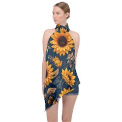 Flower Pattern Spring Halter Asymmetric Satin Top by Bedest