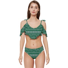 Christmas Knit Digital Ruffle Edge Tie Up Bikini Set	