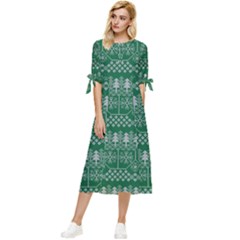 Christmas Knit Digital Bow Sleeve Chiffon Midi Dress