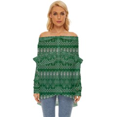 Christmas Knit Digital Off Shoulder Chiffon Pocket Shirt