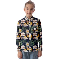 Flower Grey Pattern Floral Kids  Long Sleeve Shirt by Dutashop